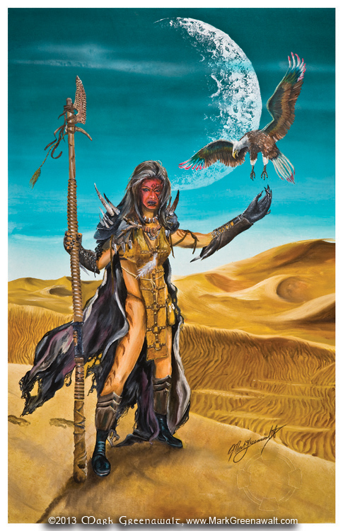 Mark Greenawalt fantasy illustration oil painting of Bremusa And Skylon features model and actress Lynette Brooks. Photo references were from the independent film project The Villikon Chronicles-Genesis of Evil for the still photography shot by Greenawalt on location in the Imperial Sand Dunes.